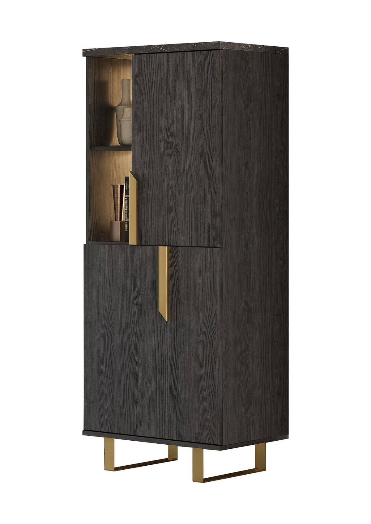 WOHNWAND ORION in Rosenholzoptik mit Marmoroptik 3-tlg. - Goldfarben/Schwarz, Holzwerkstoff/Metall (285/181/49cm) - Interdesign24