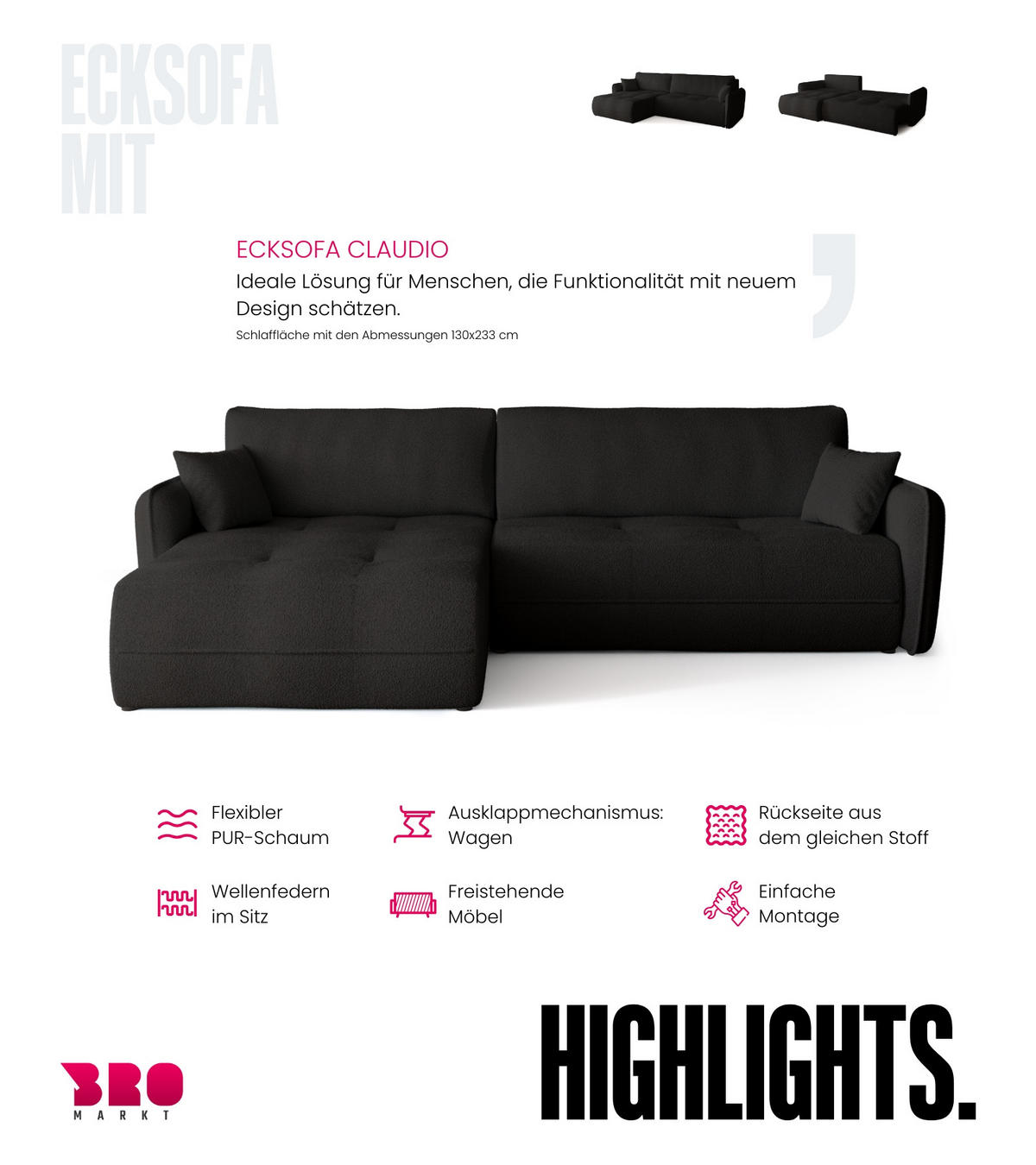ECKSOFA CLAUDIO mit Schlaffunktion Schwarz - Schwarz, Textil (263/150cm) - Bromarkt