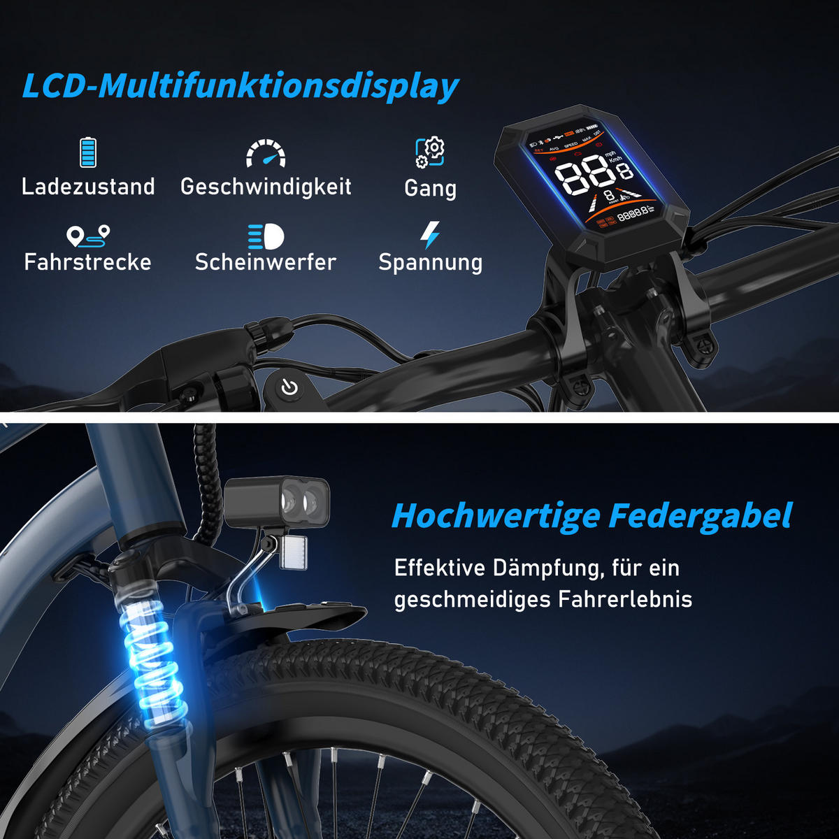 E-BIKE BK15P 27,5 Zoll ideal für Fahrer von 168 bis 195 cm Körpergröße - Blau, Metall (76cm) - HITWAY