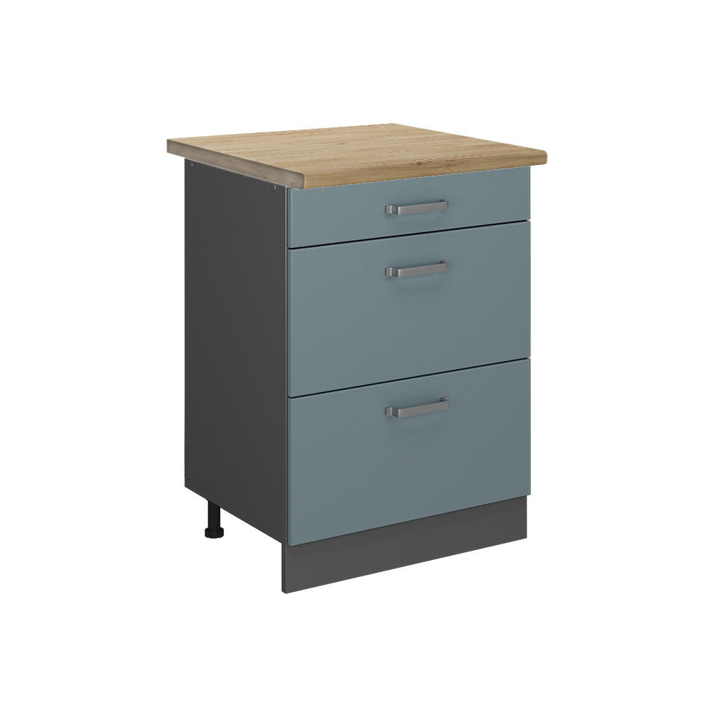 KÜCHENUNTERSCHRANK R-Line Blau-Grau 60 cm mit Schubladen, AP Eiche - Anthrazit/Blaugrau, Holzwerkstoff (60/81.6/60cm) - Vicco