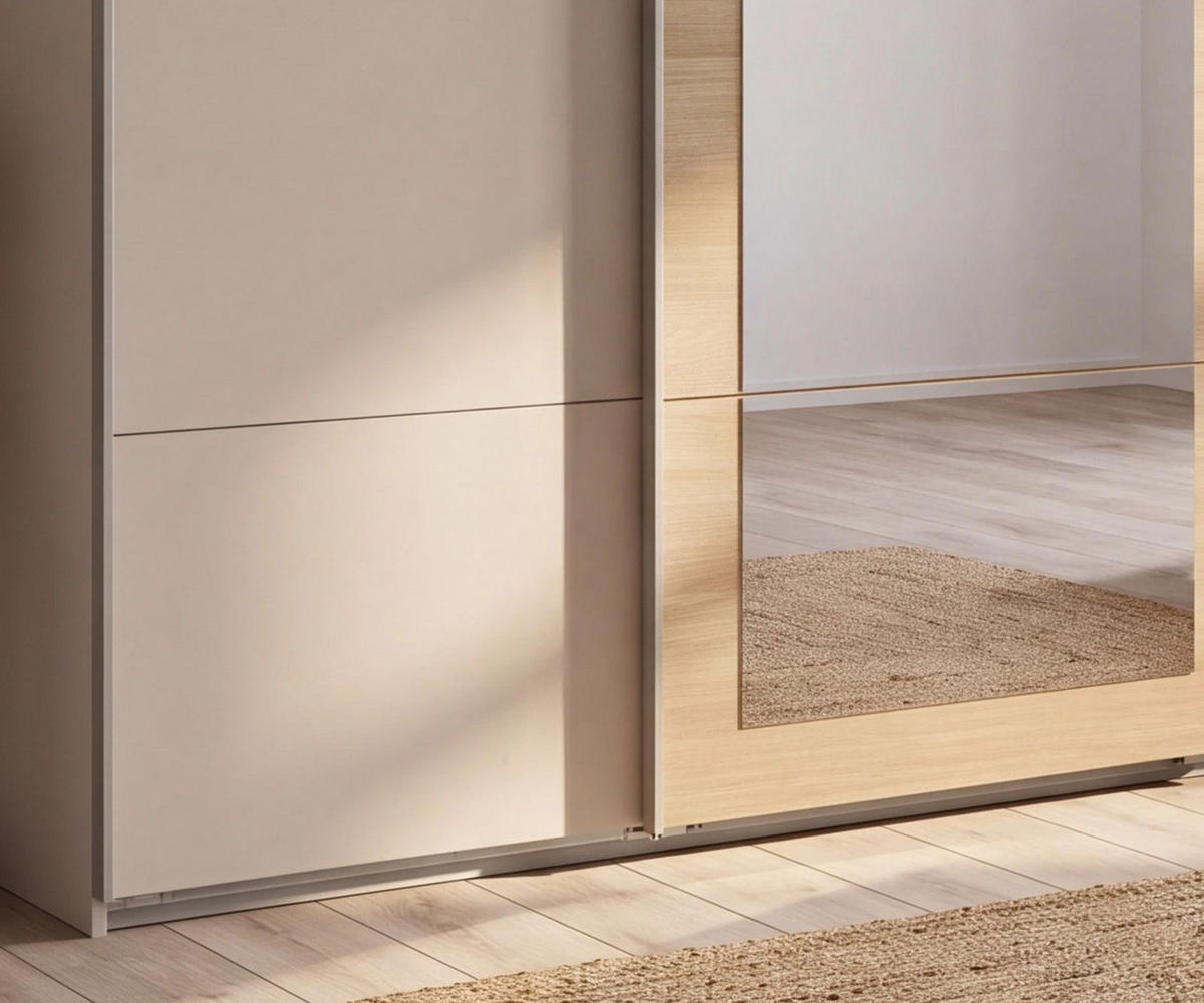 SCHWEBETÜRENSCHRANK 3-türig B225/H208/64 cm Kleiderschrank in Beige Grau, Spiegel umrahmt in Eiche Natur, Griffe Beige Grau / 22625 - Beige, Holzwerkstoff/Metall (225/208/64cm) - luma-home