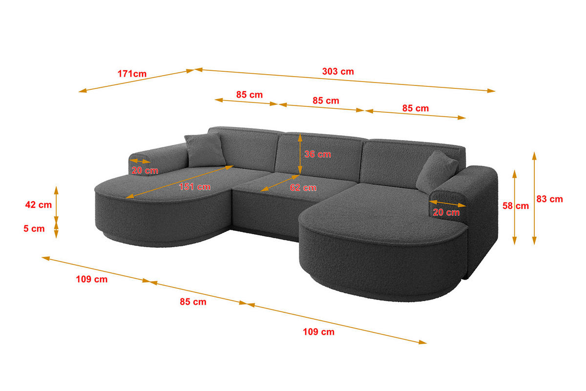 WOHNLANDSCHAFT MARI-U1-v3 - 303x171x83 cm Grau Bouclé - Schwarz/Grau, Holzwerkstoff/Kunststoff (303/83/171cm) - ALTDECOR