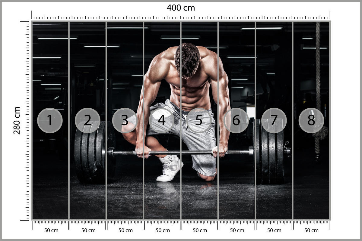 FOTOTAPETE Muskulöser Mann Fitnessstudio Training Sport 400x280 - Beige/Schwarz, Papier (400/280cm) - Muralo