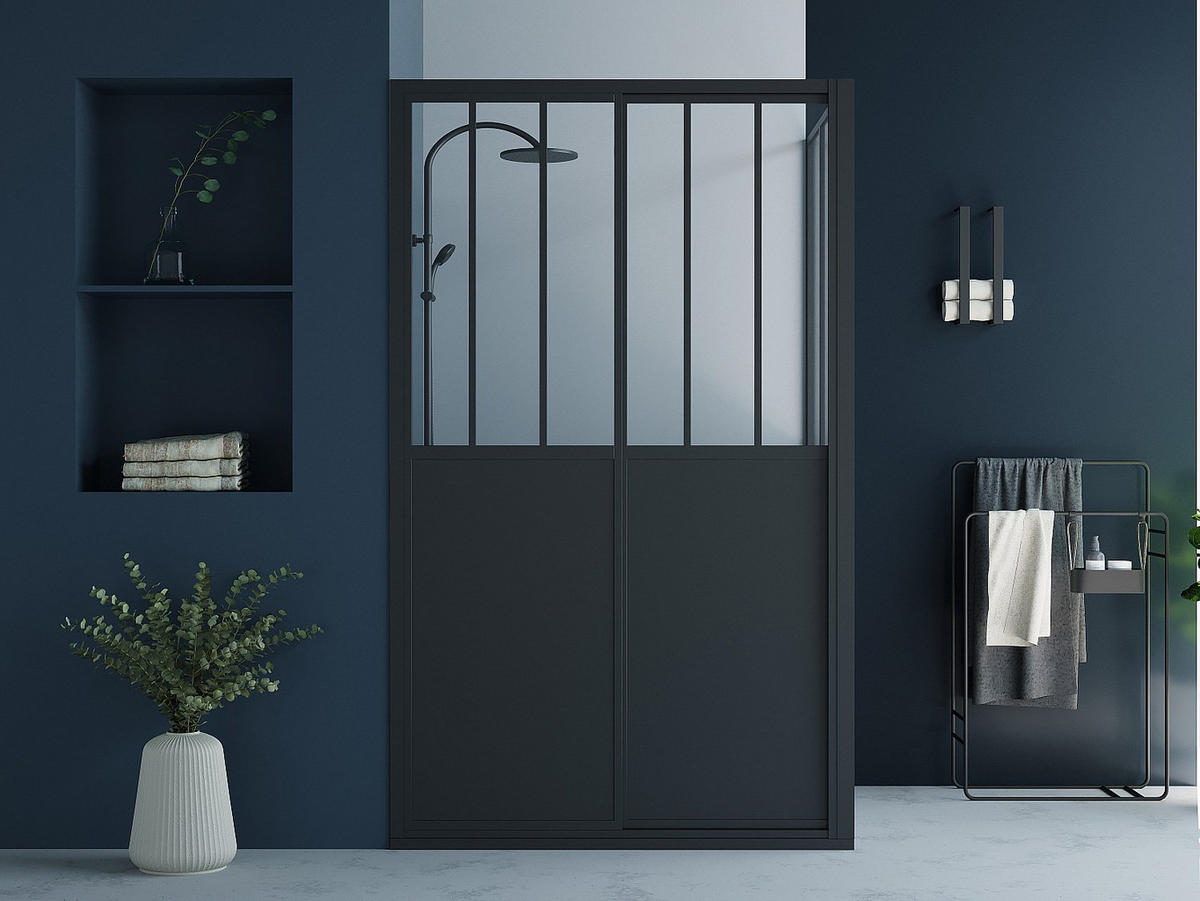 DUSCHTRENNWAND mit Schiebetür - Industrial Style - 120 x 80 x 195 cm - Schwarz matt - URBANIK - Schwarz, Metall (120/195cm) - Vente-Unique