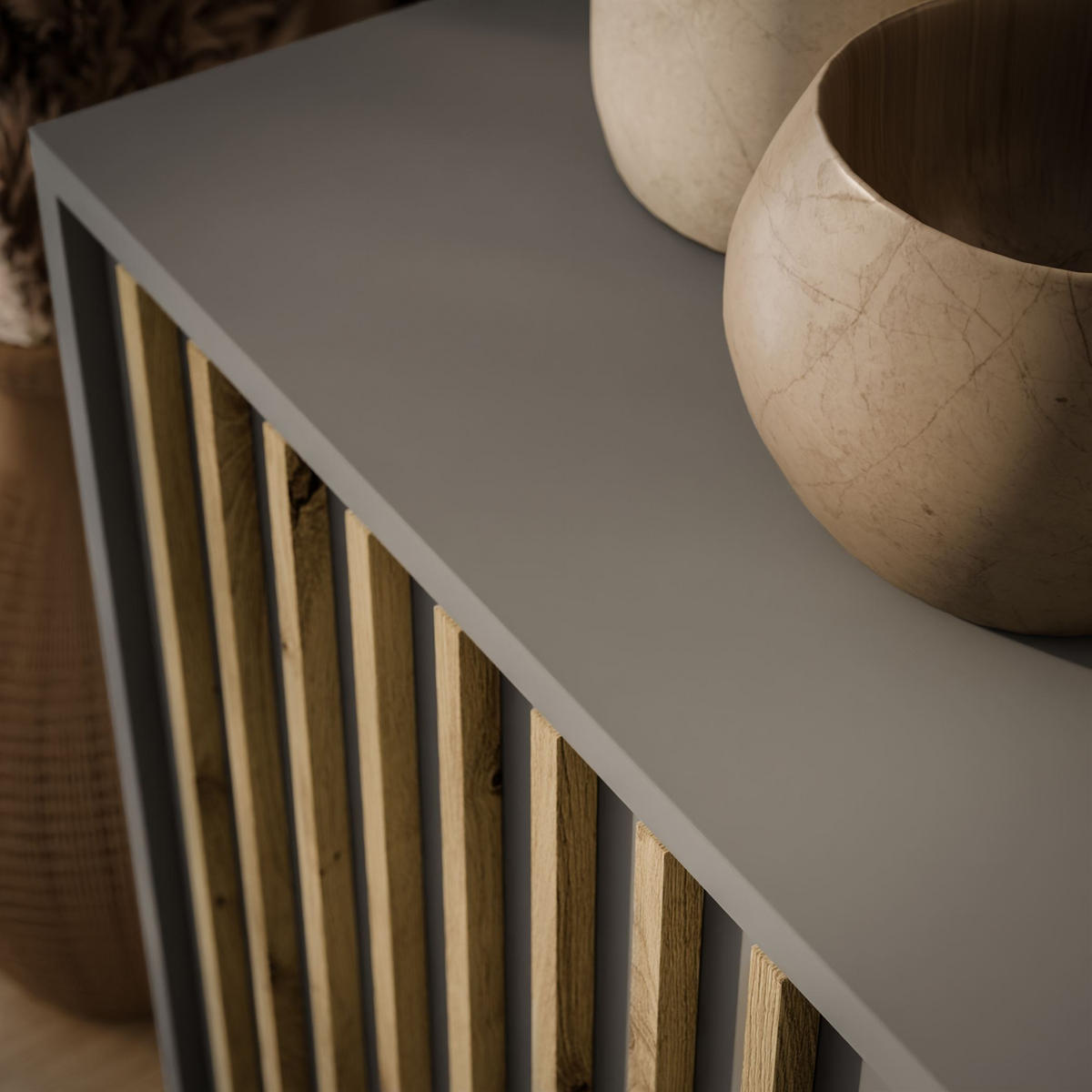 KOMMODE NELA, zweitürig mit Lamellen, Grau/Artisan - Grau, Holzwerkstoff (155/86/45cm) - Lookway