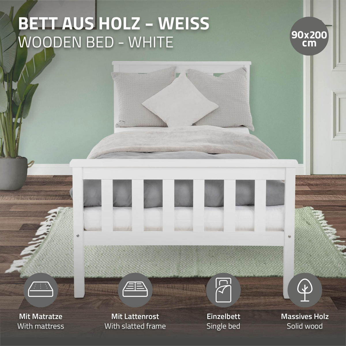 HOLZBETT mit Matratze 90x200 cm Weiß aus Kiefernholz - Weiß, Holz (90/200cm) - ML-DESIGN
