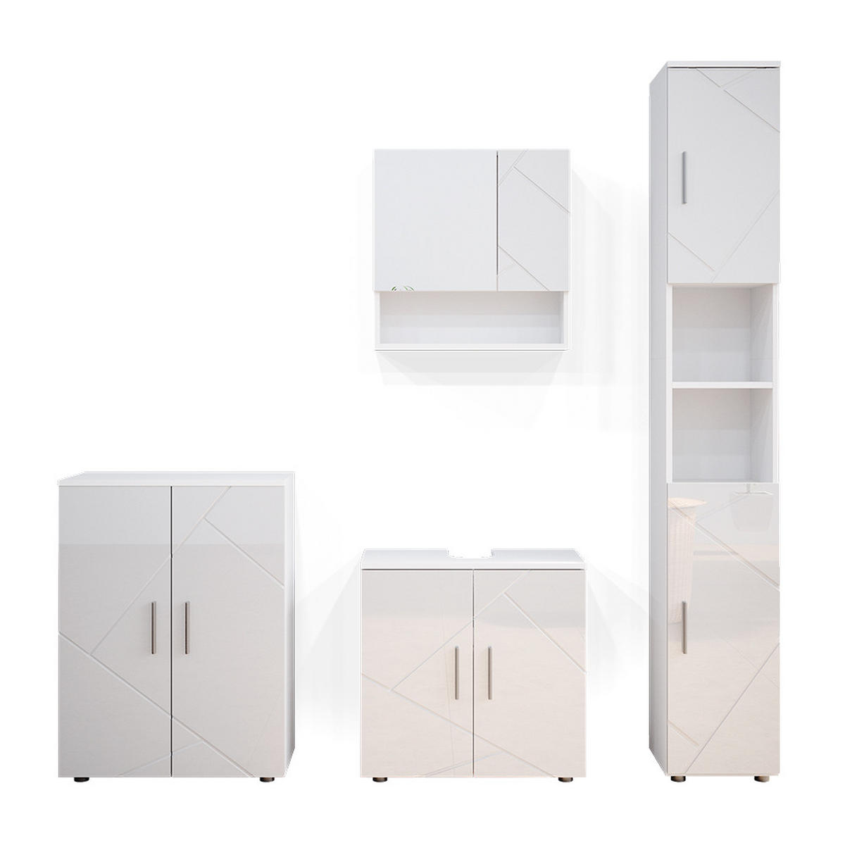 BADMÖBEL-SET Irma Weiß Hochglanz 4 Teile, mit Hochschrank und Kommode - Weiß Hochglanz/Weiß, Holzwerkstoff (80/58.6/41cm) - Vicco