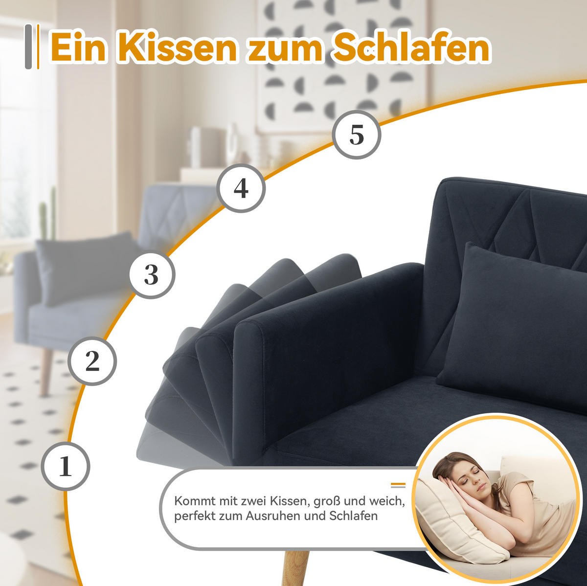 SCHLAFSOFA Samt mit geteilten Rückenlehnen und 5-fach Armlehnen Schwarz 180/75/82 cm - Schwarz, Textil (82/75/180cm) - Redom