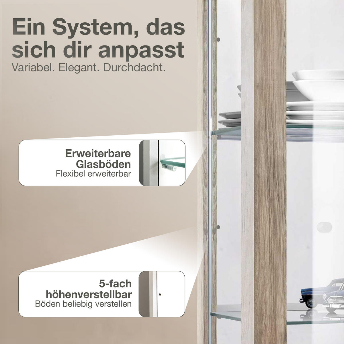 HÄNGEVITRINE 25/60/80 cm mit Spiegel, LED & 2 höhenverstellbaren Glasböden - Transparent/Silberfarben, Glas/Holzwerkstoff (60/80/25cm) - K-Möbel