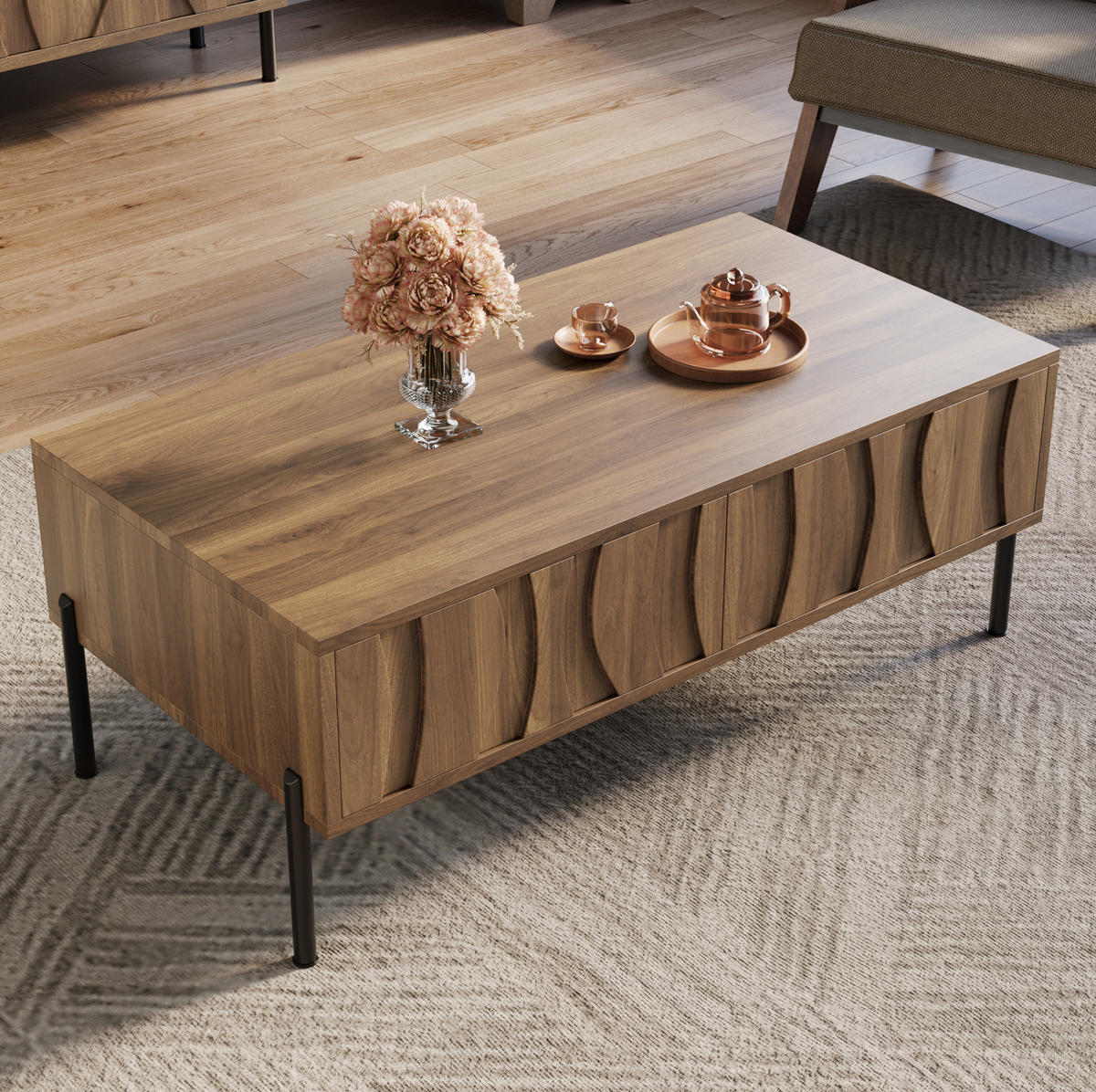 COUCHTISCH 105/55/41 cm in Natur mit 2 Schubladen und Retro-Design - Naturfarben, Holzwerkstoff (105/55/41cm) - Flora Grace