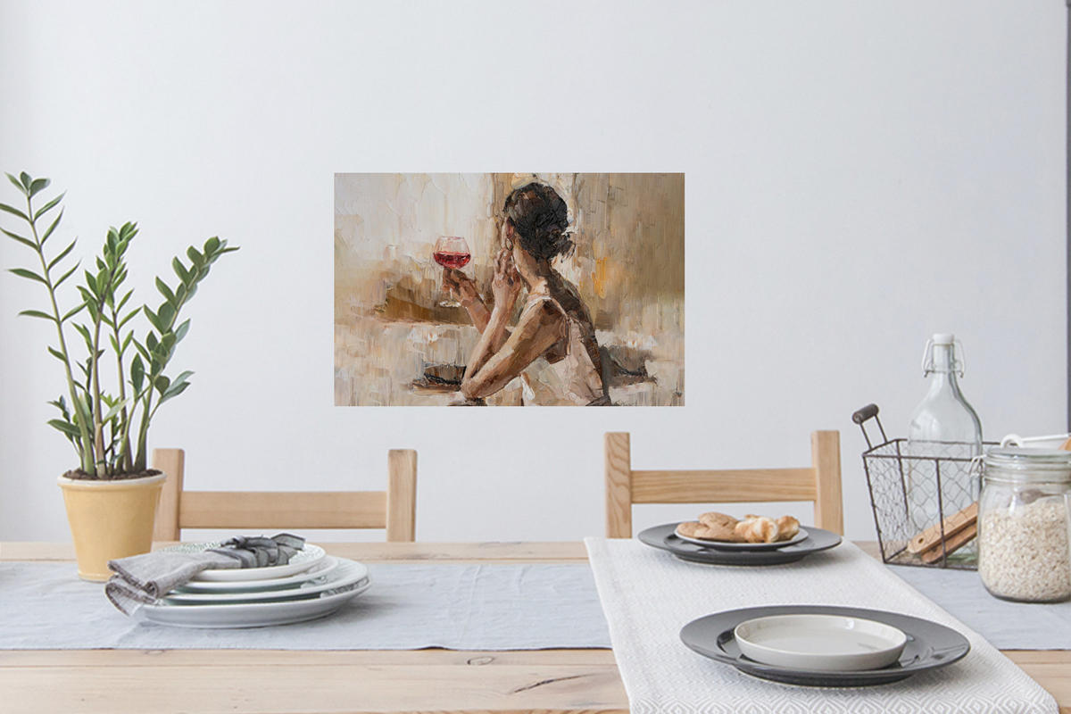 WANDTATTOO Ölgemälde - Frau - Wein 60x40 cm - Hellbraun, Kunststoff (60/40/0.1cm) - MuchoWow