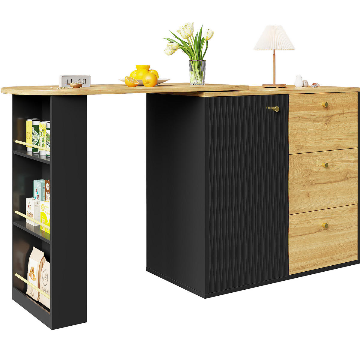 BARTISCH 138-204/39/104 cm in Schwarz mit Stauraum und drehbarer Ausziehfunktion - Schwarz, Holzwerkstoff (39/204/104cm) - BEAOK