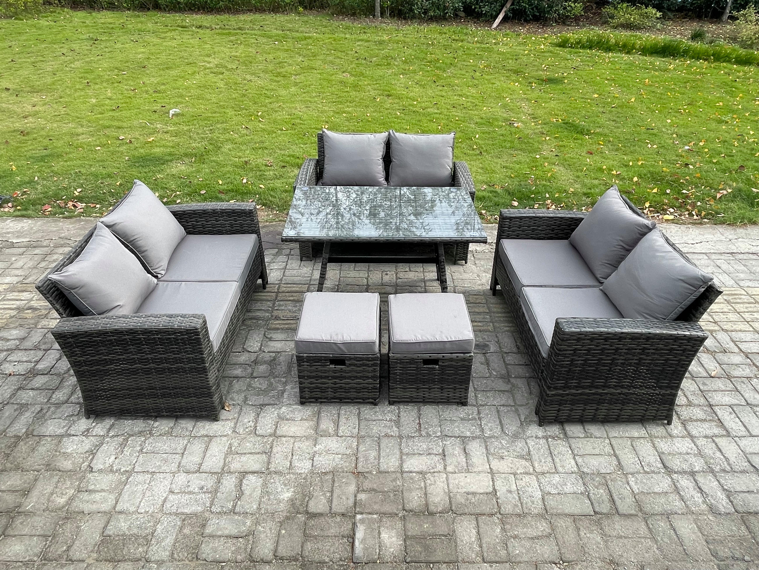 GARTENMÖBELSET mit ESSTISCH,HOCHLEHNER-SOFA Polyrattan Dunkelgrauer Mix 8-Sitzer - Dunkelgrau/Grau, Glas/Kunststoff - Fimous