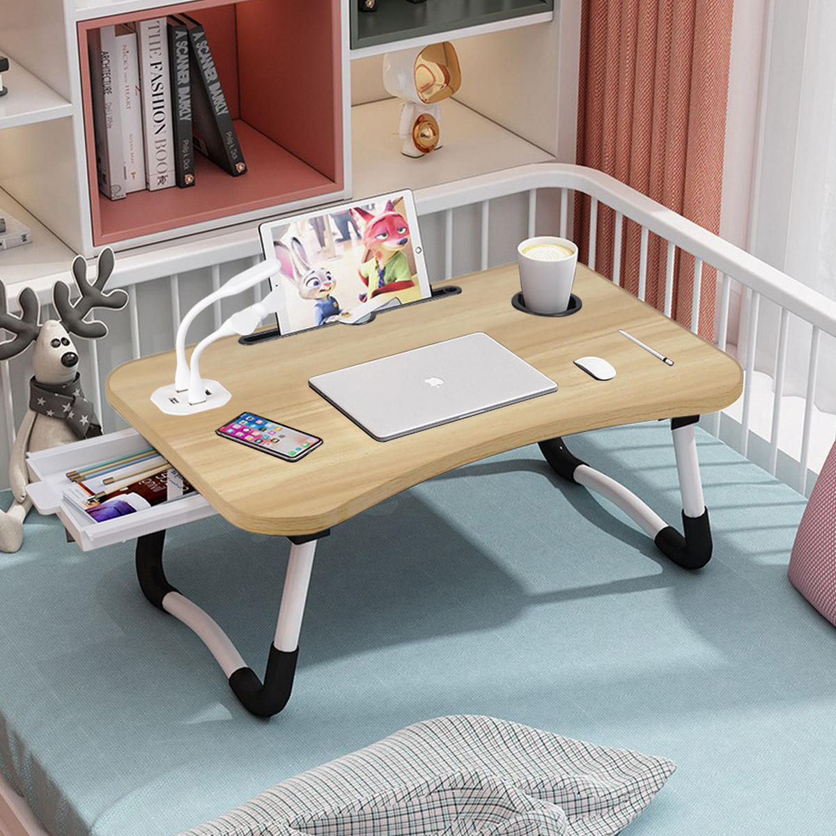 LAPTOPTISCH Klappbarer mit USB-Anschlüssen für Bett und Couch in Holzoptik - Naturfarben, Metall (40/60/28cm) - Livingandhome