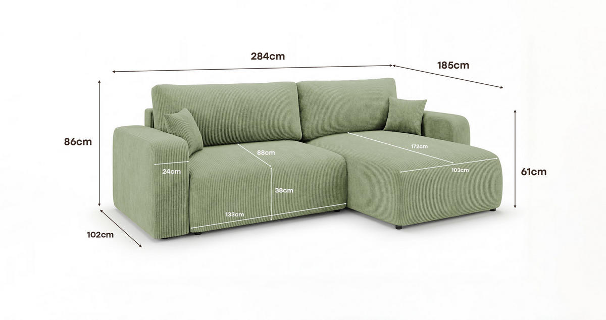 ROHOVÁ pohovka BERLIN pravá světle zelená manšestr Poso 47 - funkce spaní, úložný prostor - světle zelená, textil (285/184cm) - Cornero