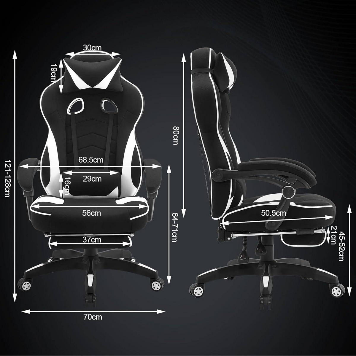 GAMINGSTUHL Stoff Stoff Kühl im Sommer Ergonomischer, 150 kg Belastbarkeit - Schwarz/Weiß, Kunststoff/Textil (70/128/70cm) - Woltu