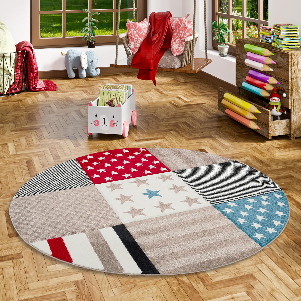 KINDER UND JUGEND TEPPICH MAUI STERNE RUND - Blau/Rot, Textil (160/160cm) - Pergamon