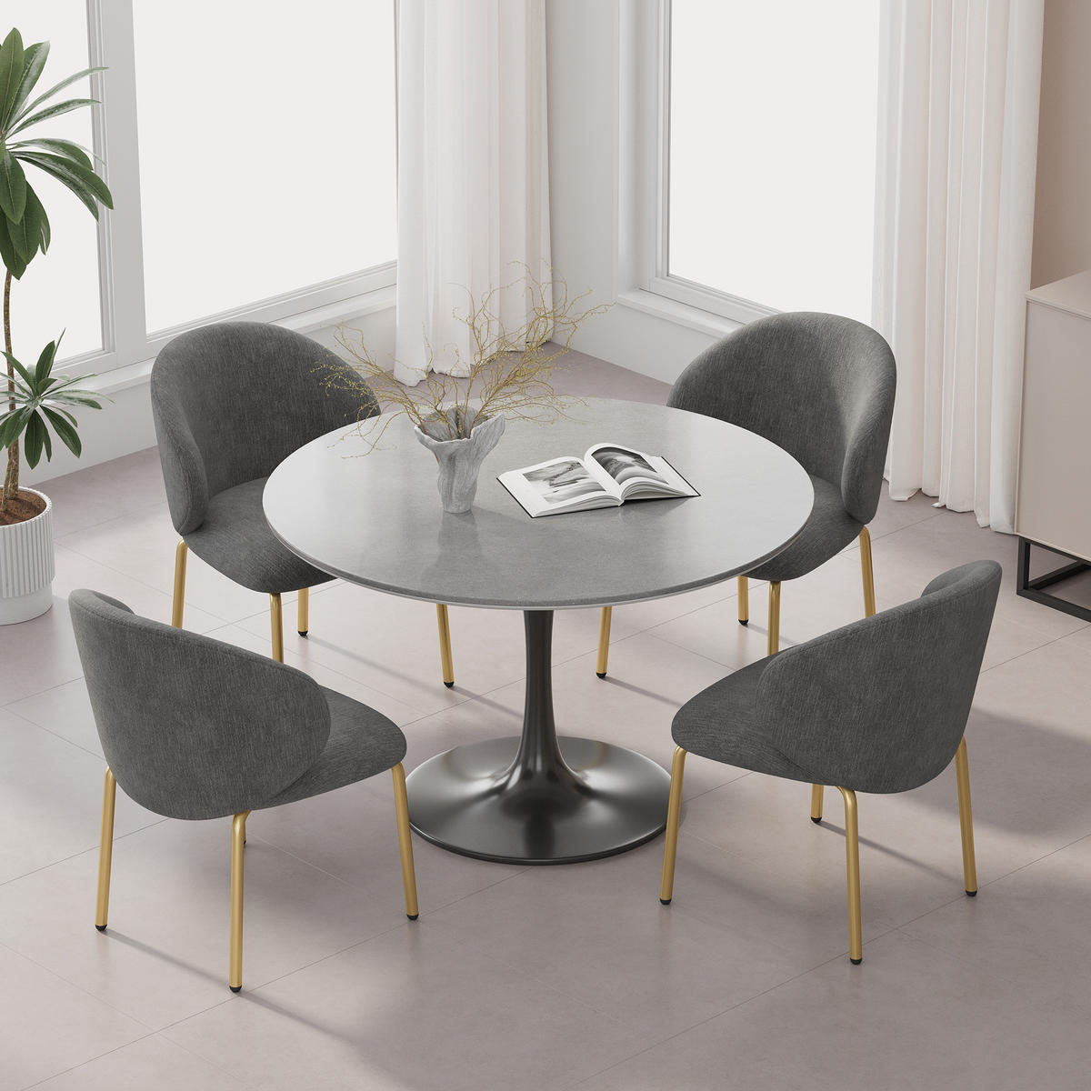 STUHLSET, 4 Stühle, Chenille, Goldbeine, Grau - Grau, Textil (47.5/74/56cm) - FLIEKS