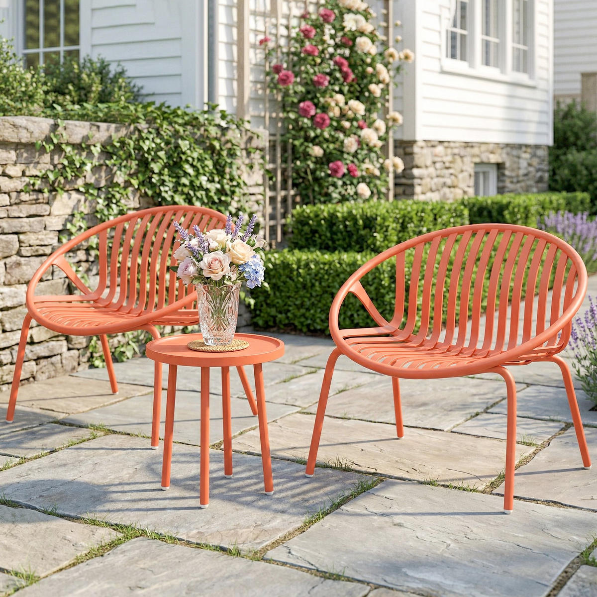 BALKONSET DE-14177 2 Sessel & Tisch, PP-Schalen Ziegelrot - Orange, Metall - ComfortXL