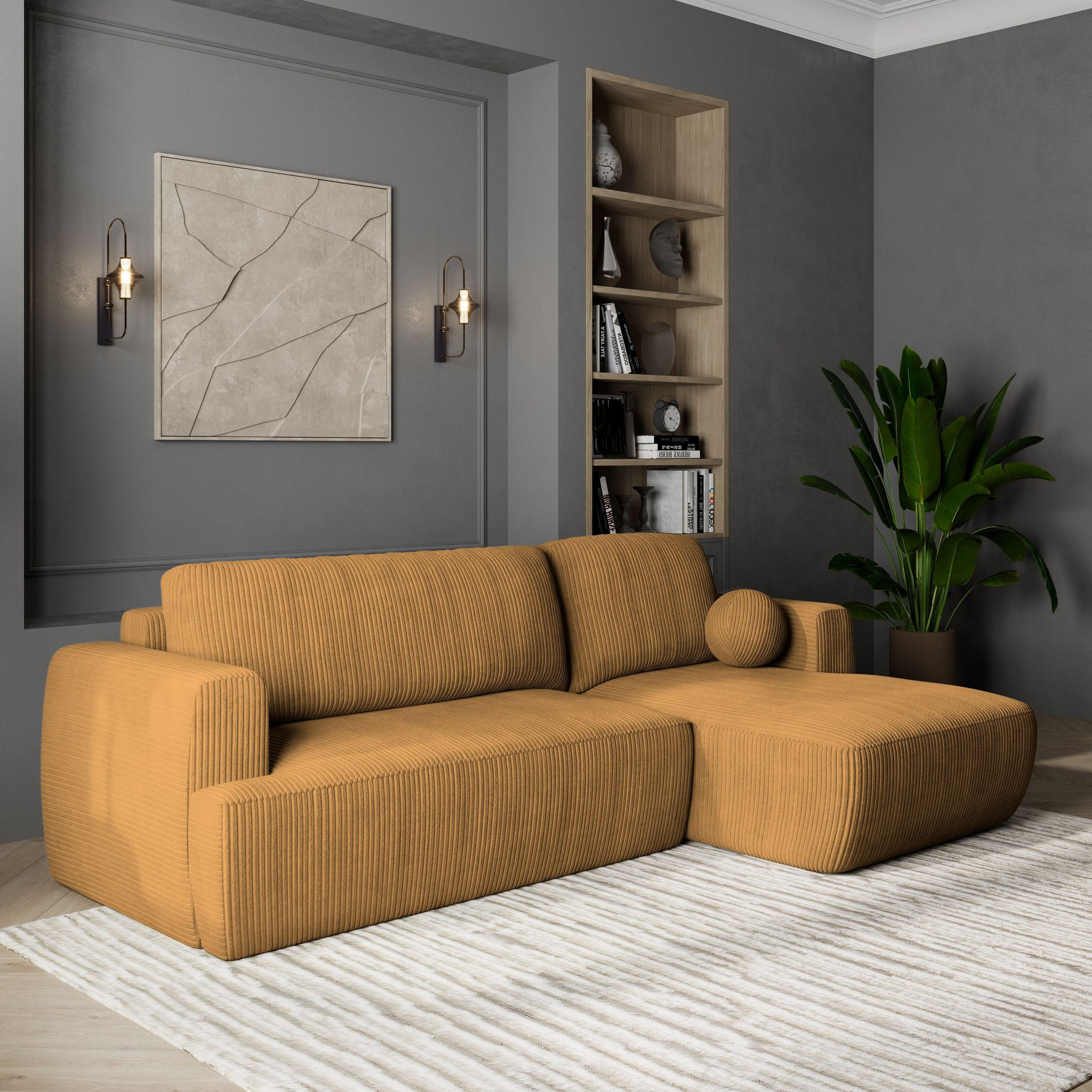 ECKSOFA SENTI P R-S Gelb Kordstoff mit Schlaffunktion - Gelb, Holz (246/148cm) - MASSENO