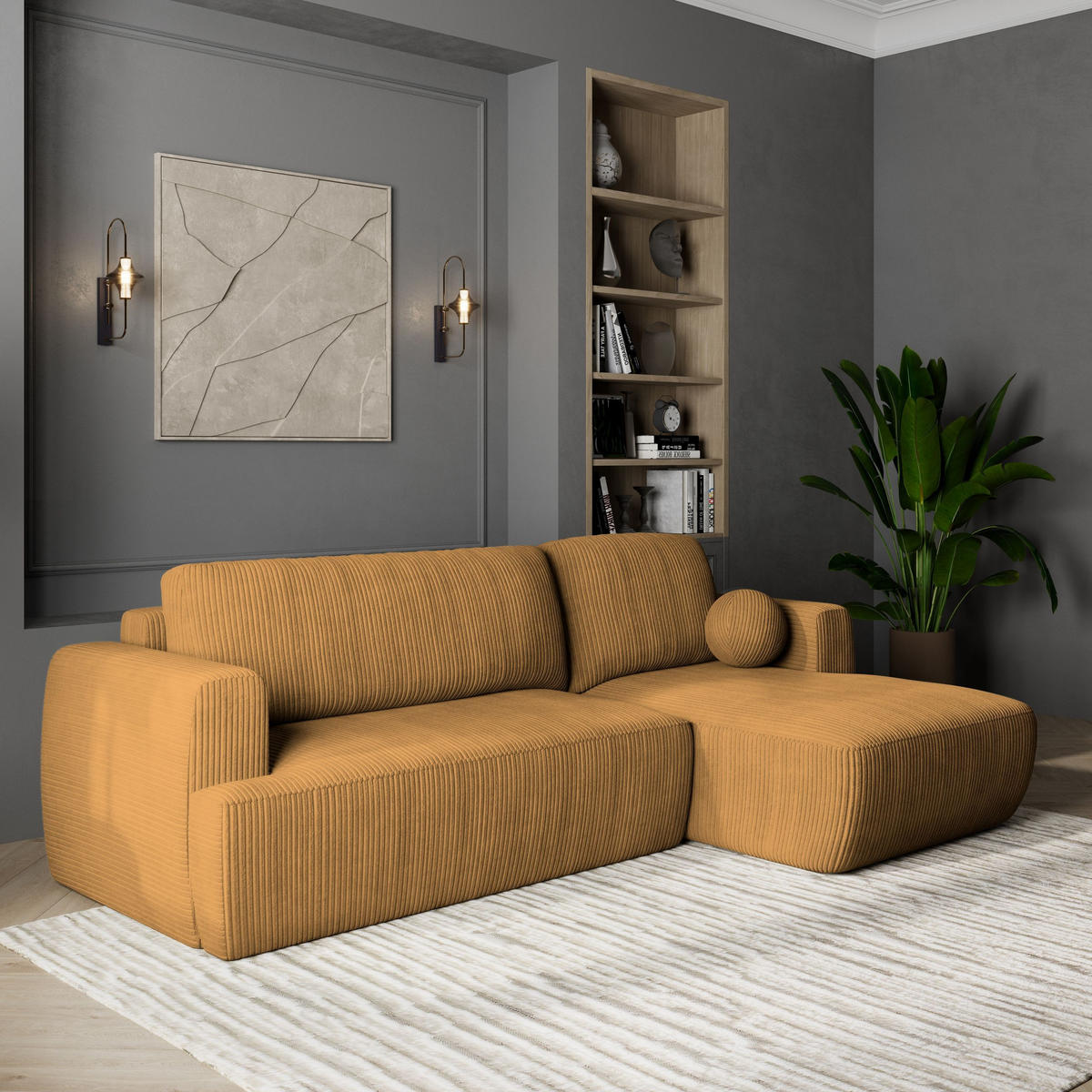 ECKSOFA SENTI P R-S Gelb Kordstoff mit Schlaffunktion - Gelb, Holz (246/148cm) - MASSENO