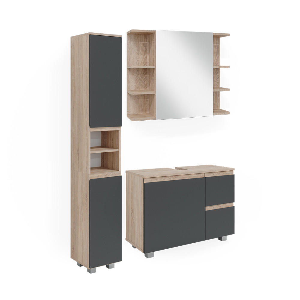BADMÖBEL-SET J-Shape Sonoma 3 Teile, mit Hochschrank - Anthrazit/Sonoma Eiche, Holzwerkstoff (80/60/33cm) - Vicco