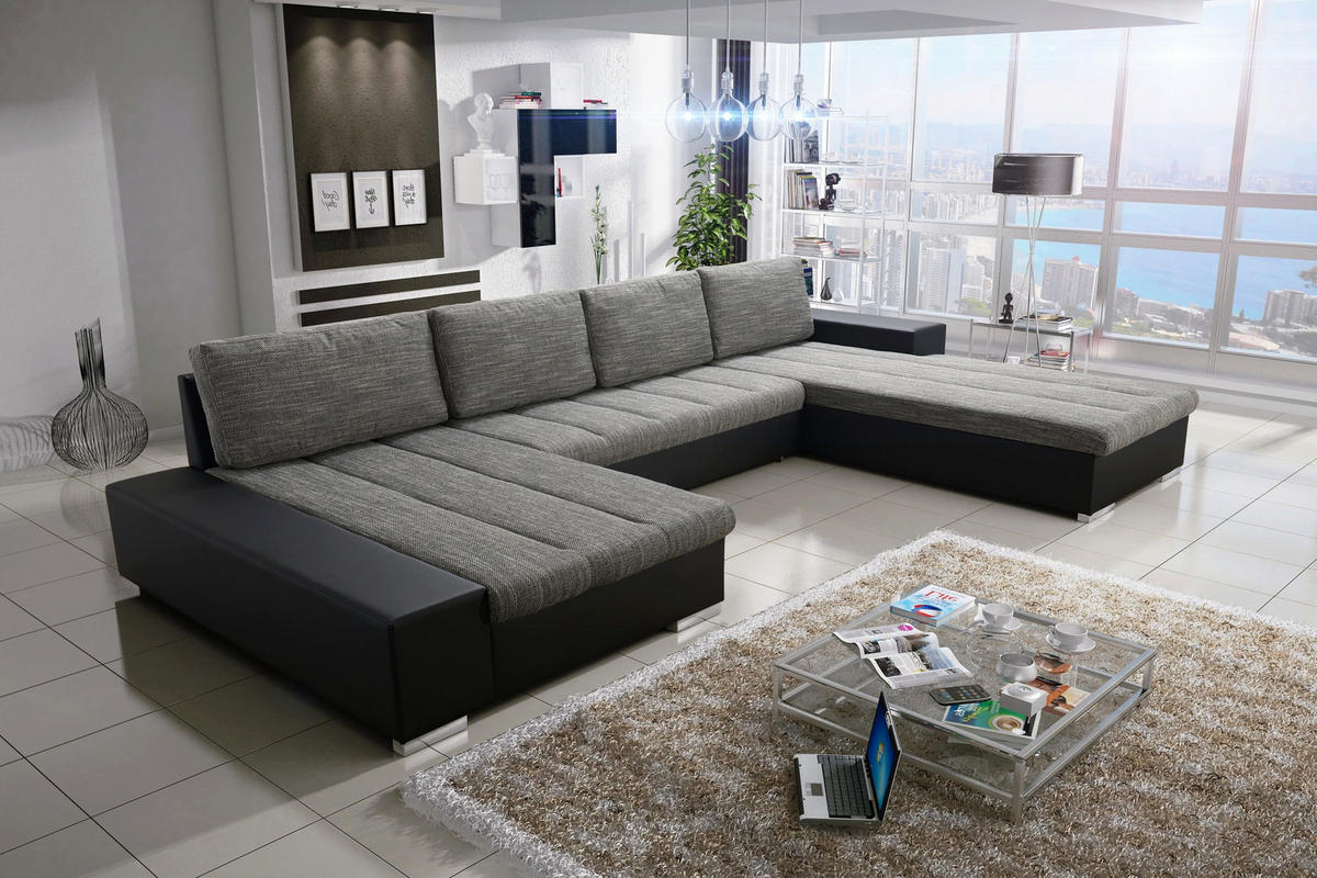 WOHNLANDSCHAFT VERONA U-Form mit Schlaffunktion, Bettkasten und Wellenfederung – Großzügiges Ecksofa 387 cm - Grau, Kunststoff (387/85/213cm) - Wohnideebilder