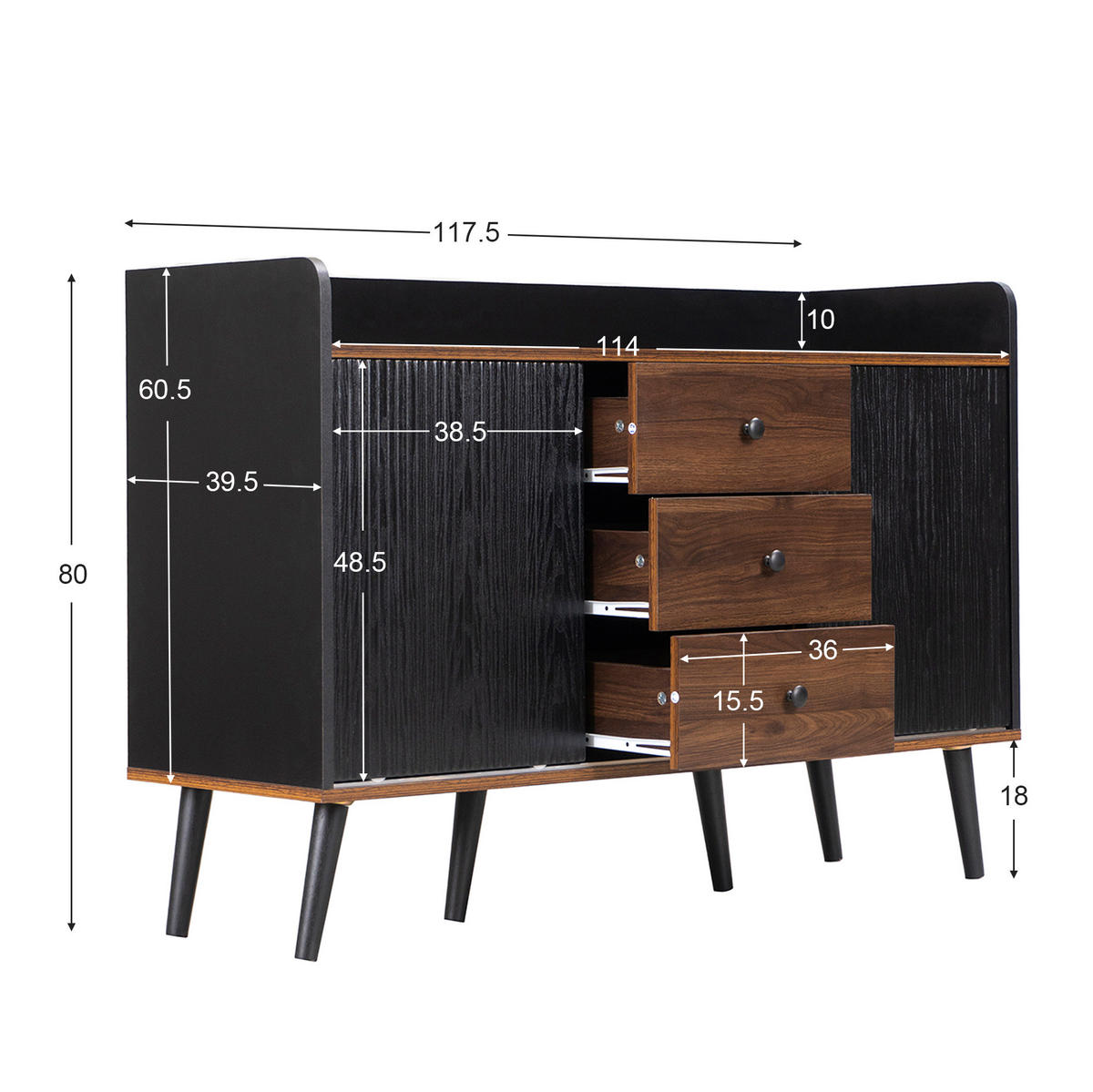 SIDEBOARD, 117,5/40/80 cm, MDF a dřevotříska, černá/dekor dřeva, se 3 zásuvkami a posuvnými dveřmi - černá, kompozitní dřevo (117/80/40cm) - BEAOK