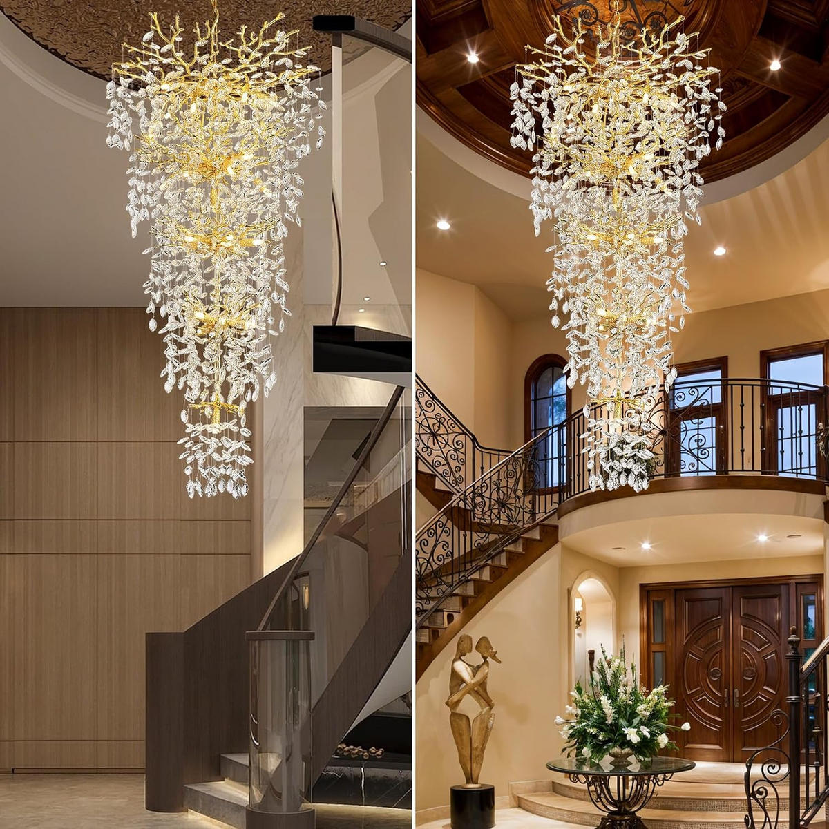 TREPPEN-KRONLEUCHTER 160 cm 5-stufiger K9‑Kristall Baumzweig Gold für Eingangsbereich und Wohnzimmer - Gelb, Naturmaterialien (75/67/41.5cm) - Surtime