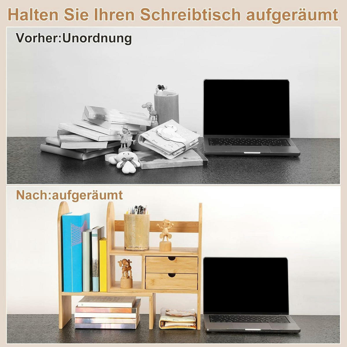 BÜCHERREGAL Bambus verstellbar mit Schubladen 59 cm - Hellbraun, Naturmaterialien (59/43/16.5cm)