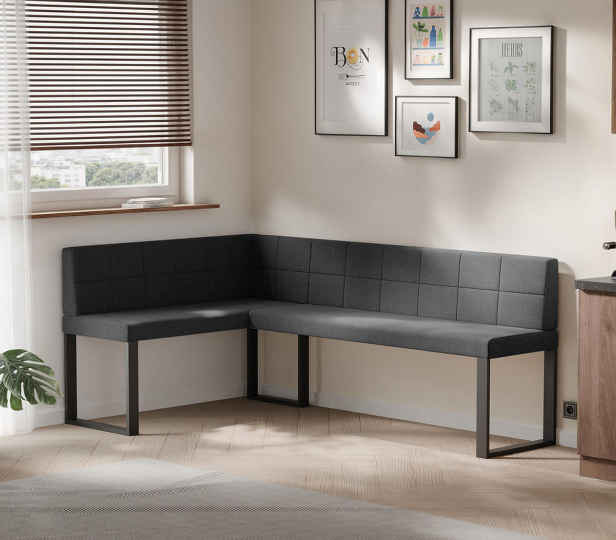 ECKBANK links SANA U Webstoff gesteppt, 128/168 cm Anthrazit - Anthrazit, Textil/Metall (128/168cm) - Idohome
