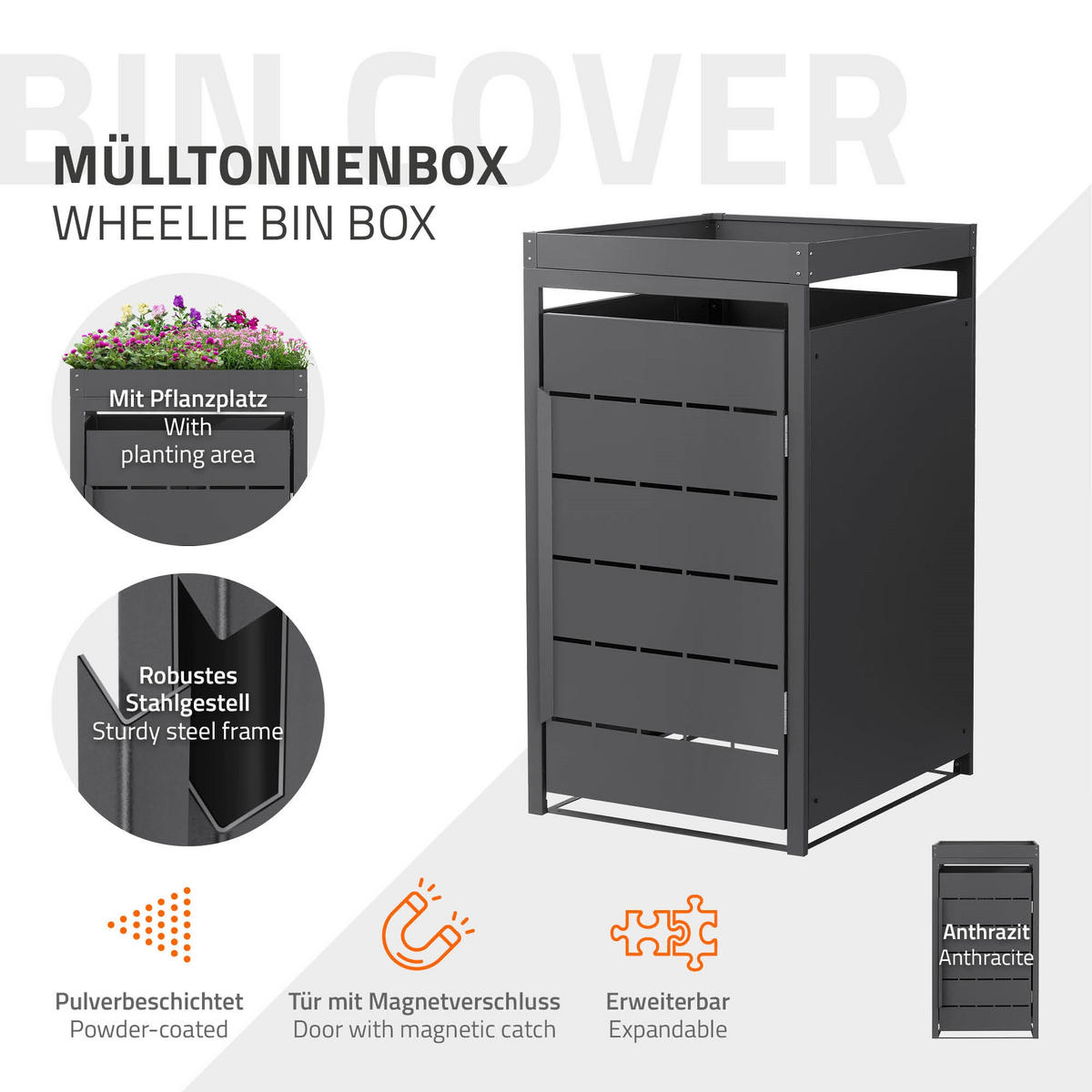 MÜLLTONNENBOX 1er mit Pflanzdach 240L 68x80x124 cm Anthrazit aus Stahl - Anthrazit, Metall (80/124/68cm) - ML-DESIGN