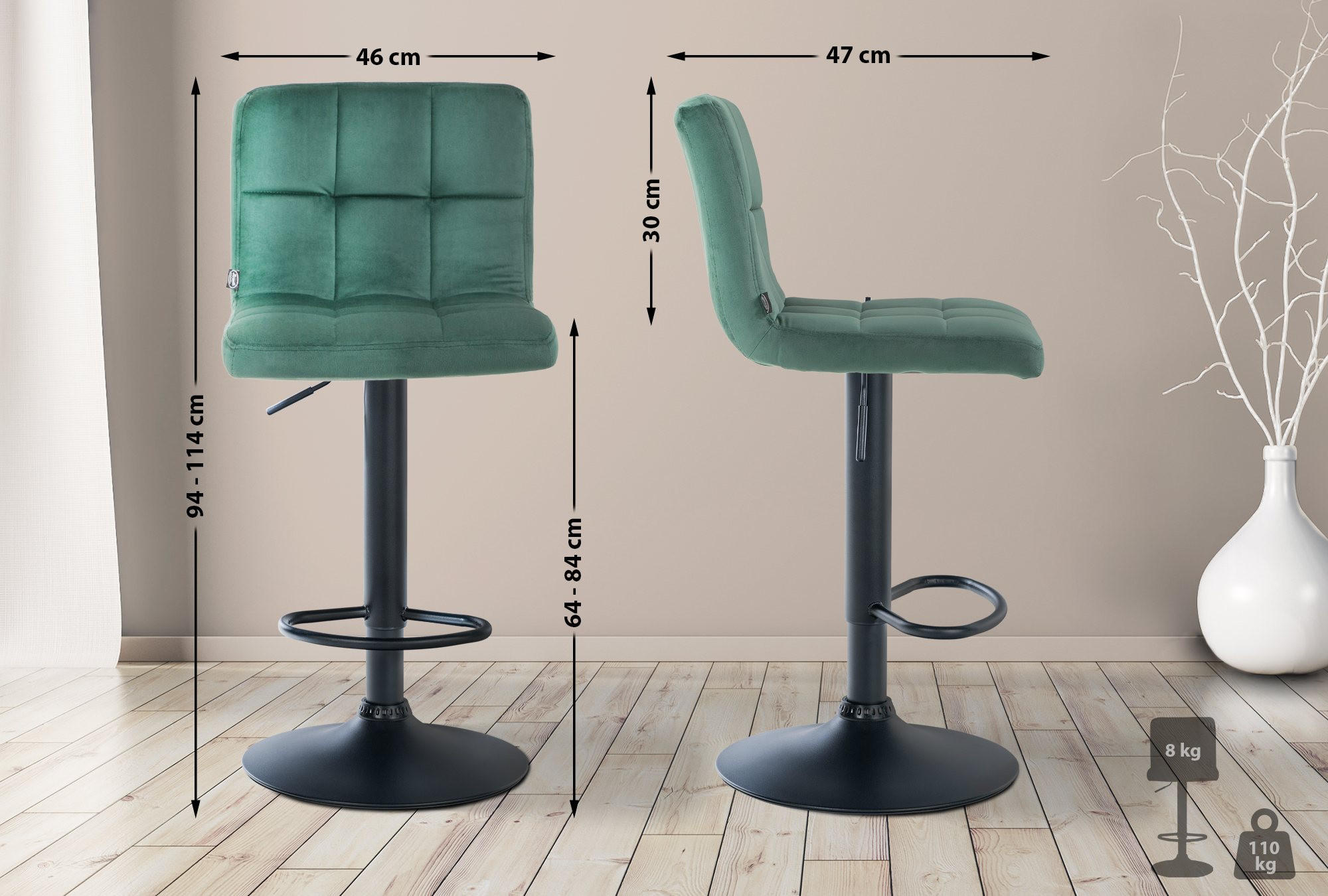 BARHOCKER BRISBAN Grün Samt Schwarz - Grün, Textil/Metall (46/94/47cm) - DELUKE
