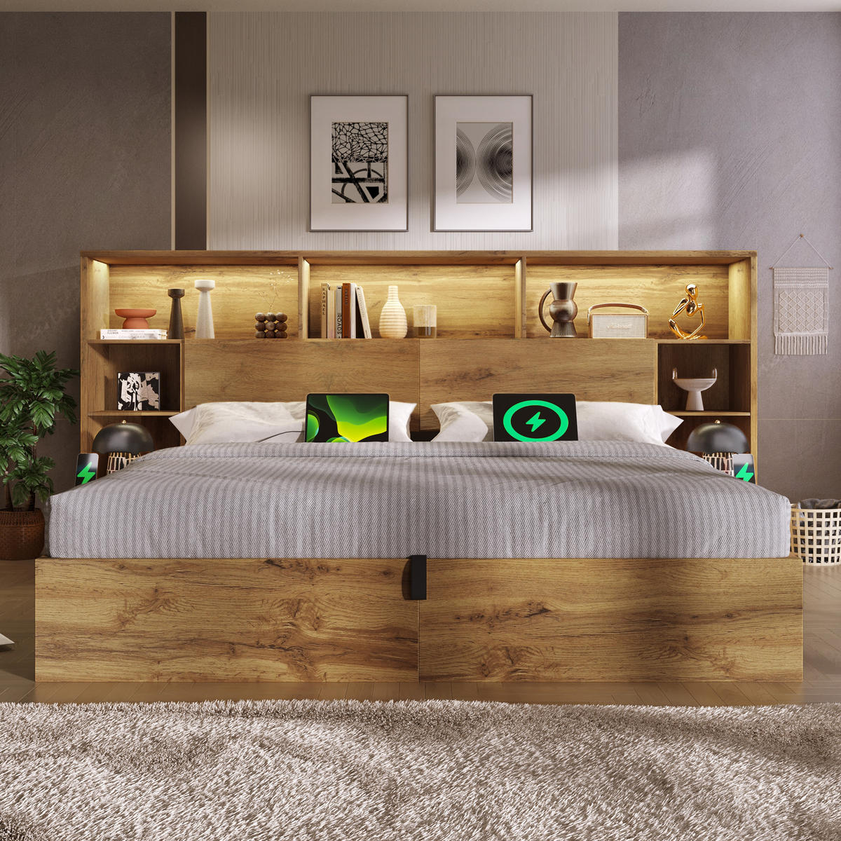 STAURAUMBETT 180/200 cm DE-00801, in Eiche, Hydraulik und Nachttischen - Eichefarben, Holz (180/200cm) - ComfortXL