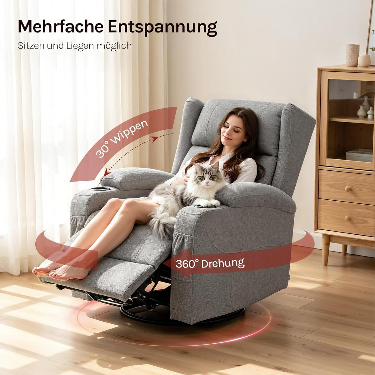 RELAXSESSEL mit Liegefunktion, drehbar, Leinenoptik, Grau - Grau, Kunststoff/Textil (87/103.5/94.5cm) - Woltu