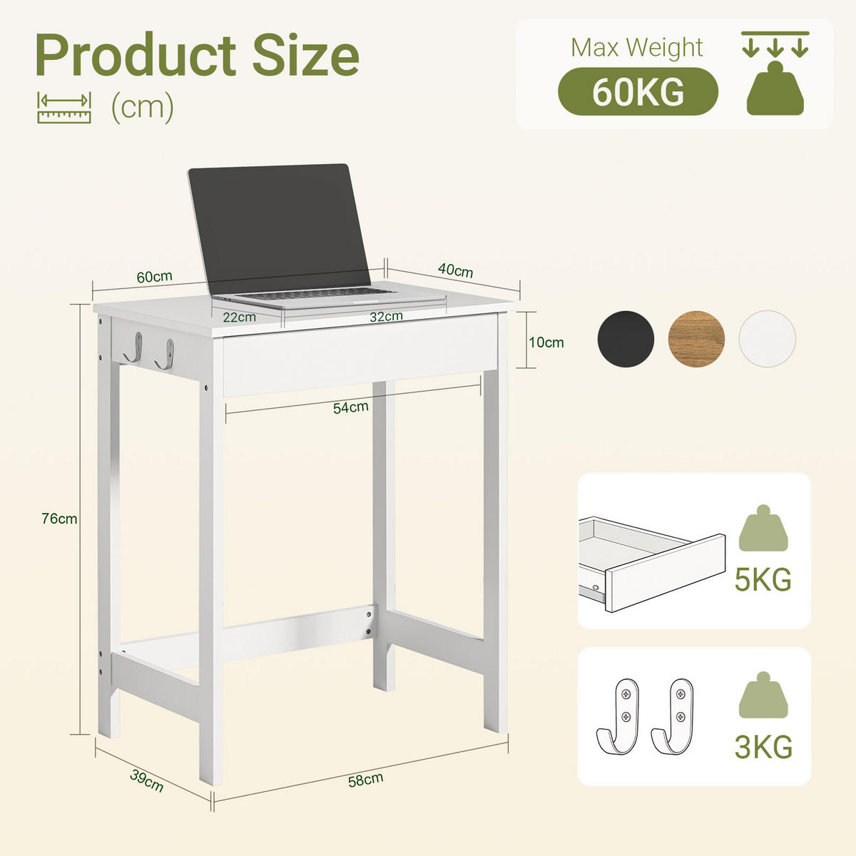 SCHREIBTISCH Weiß, 60 x 77 x 40 cm, mit Schublade und 2 Haken, bis 60 kg, für Homeoffice und Kinderzimmer - Weiß, Holzwerkstoff (40/60/77cm) - SoBuy