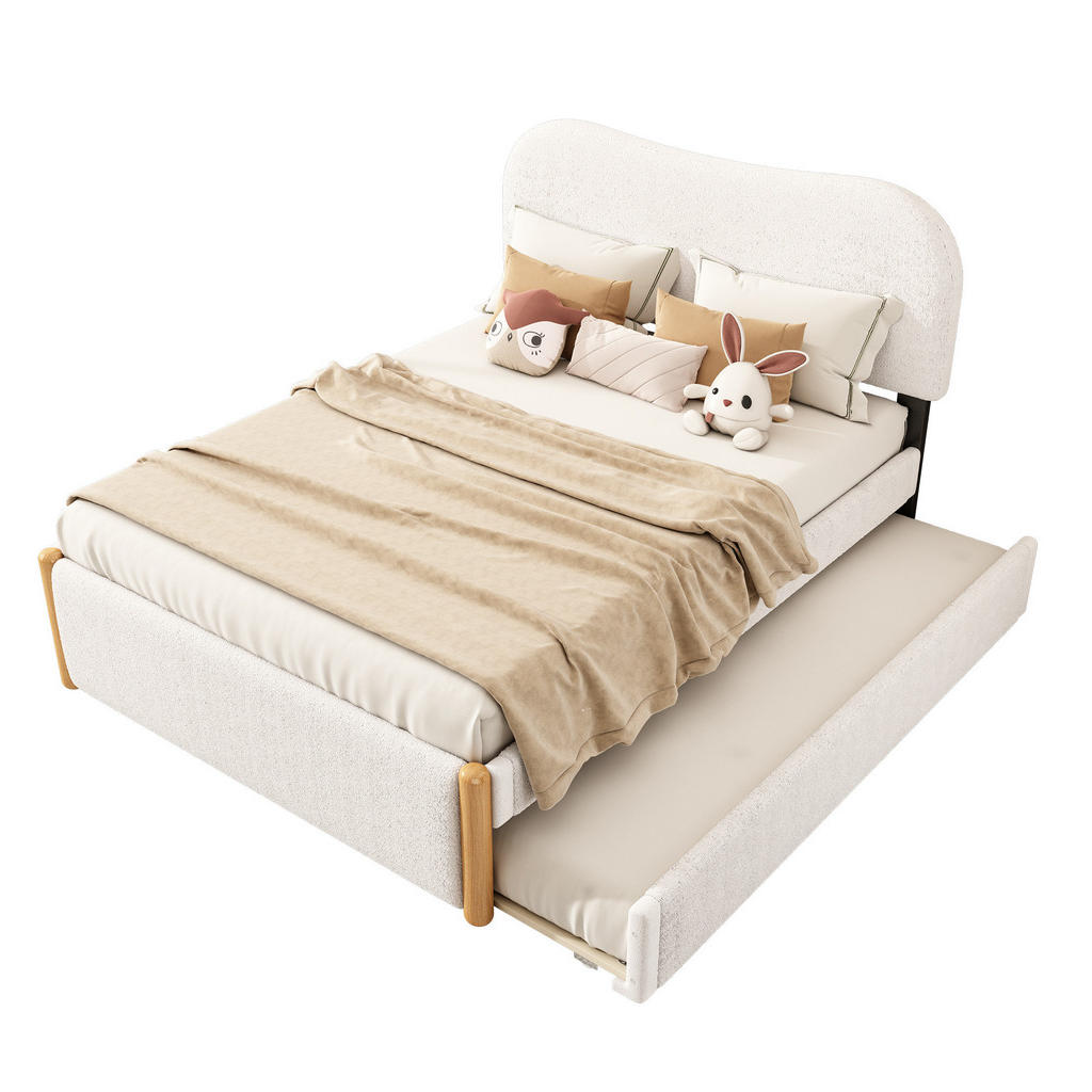 OKWISH ČALOUNĚNÁ postel 140/200 cm bílá z plyše a MDF s výsuvným přistýlkovým lůžkem