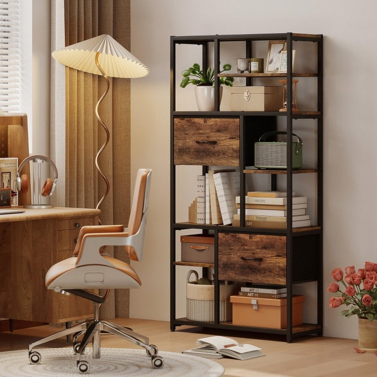 BÜCHERREGAL 72,5/30/150 cm mit 9 offenen Fächern und 2 Stoffschubladen - Braun, Holzwerkstoff (72.5/150/30cm) - BEAOK