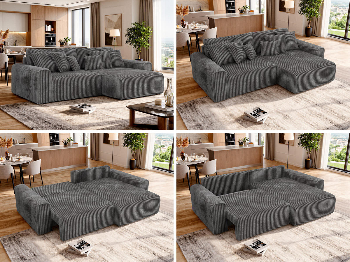 ECKSOFA ELARA L Grau Cord - Schwarz/Grau, Kunststoff/Textil (278/192cm) - MKS