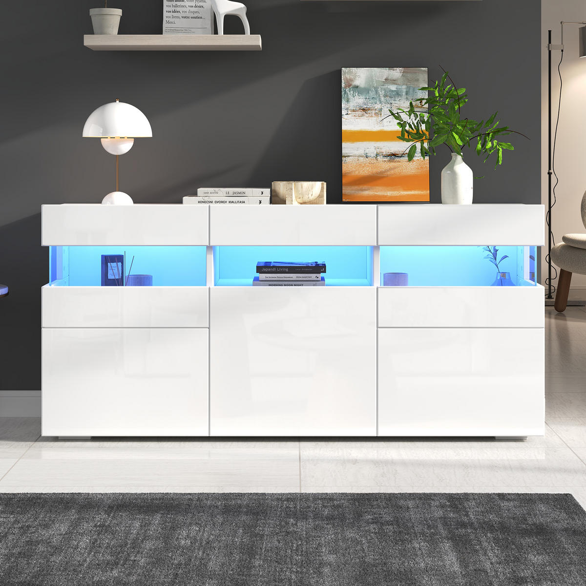 SIDEBOARD 140cm Hochglanz LED 3 Türen 7 Fächer Weiß modern - Weiß, Holzwerkstoff (40.5/66.5/140cm) - FLIEKS