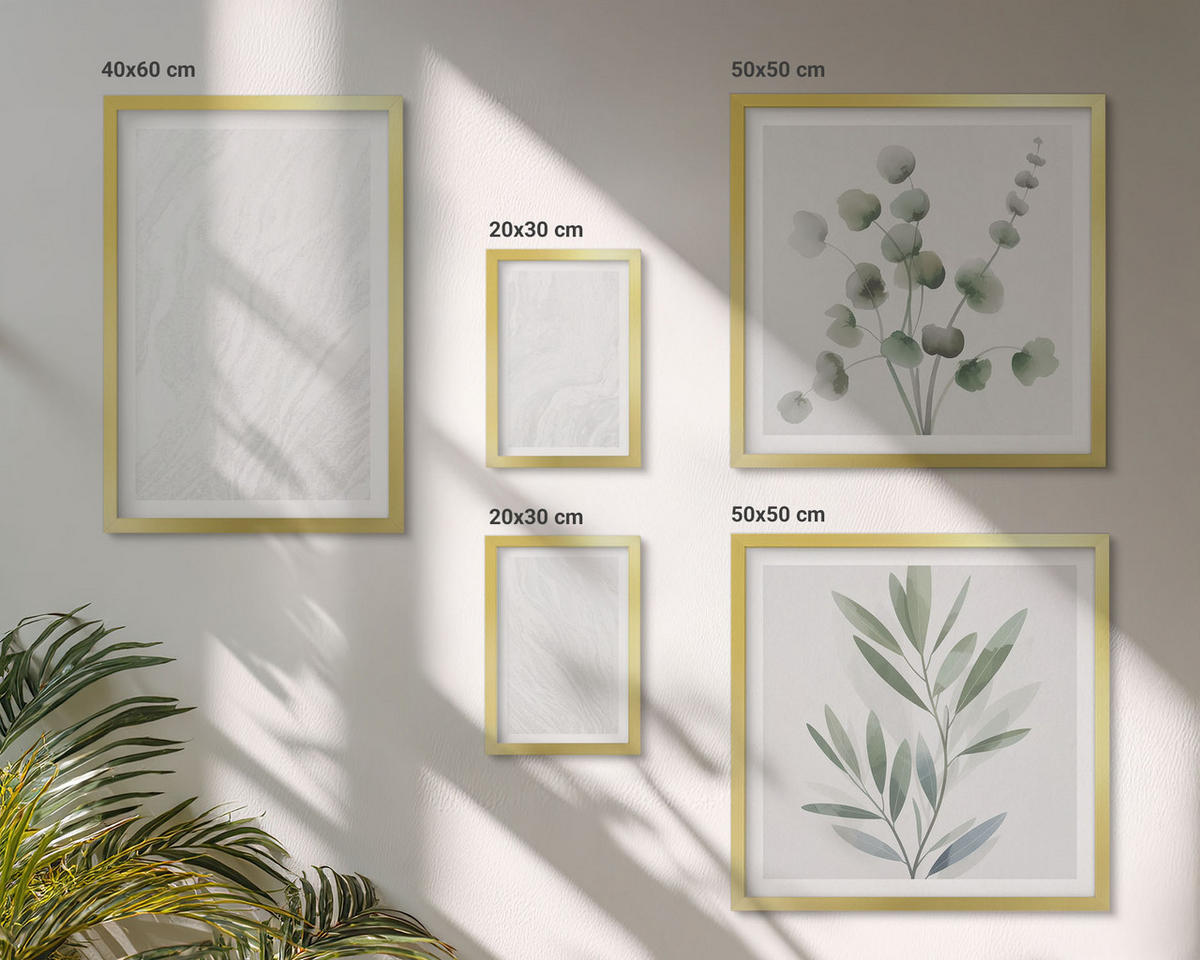 BILDER SET 5er Set - 50x50 cm & 20x30 cm & 40x60 cm Goldrahmen - Marmorstruktur, pastellfarbene Zweige - Goldfarben, Kunststoff (40/60cm) - TULUP