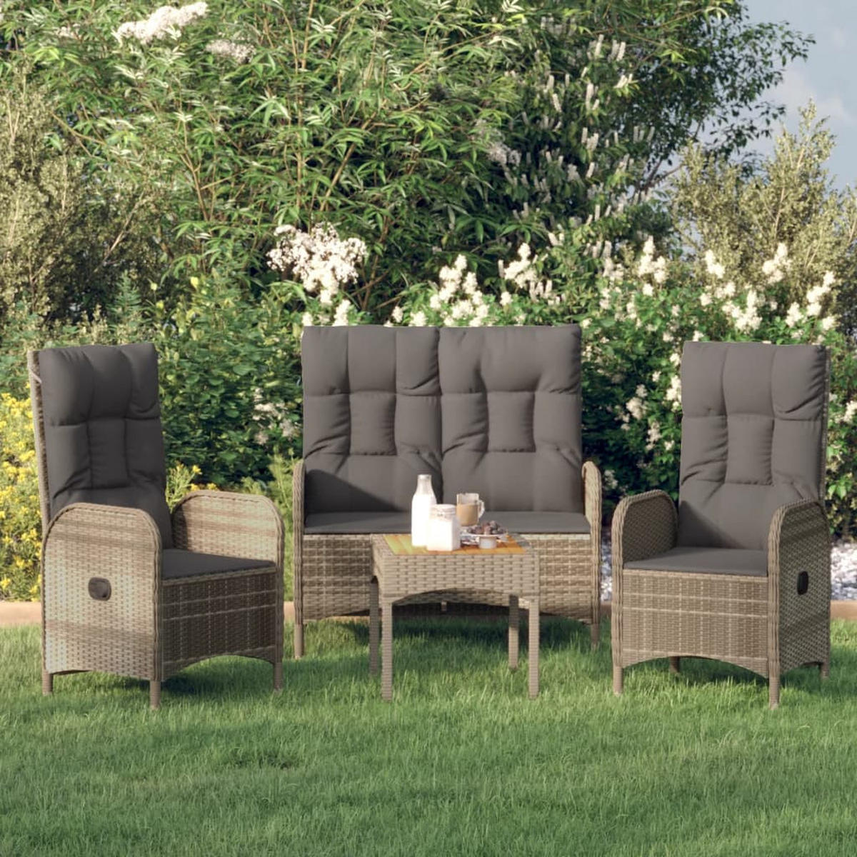 GARTEN-ESSGRUPPE 3-TLG. Mit Kissen Grau Poly Rattan - Grau, Kunststoff - vidaXL