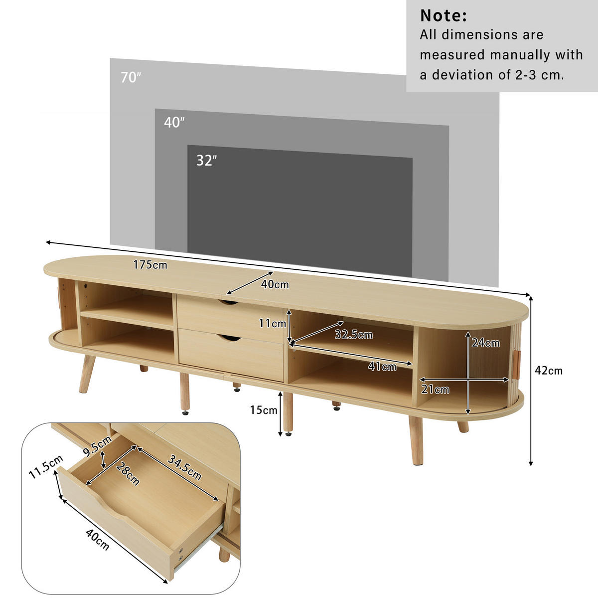 LOWBOARD 175/40/42 cm in hellem Walnussholz aus MDF mit 2 Schubladen und Schiebetüren - Alteiche, Holzwerkstoff (40/42/170cm) - OKMYHOME