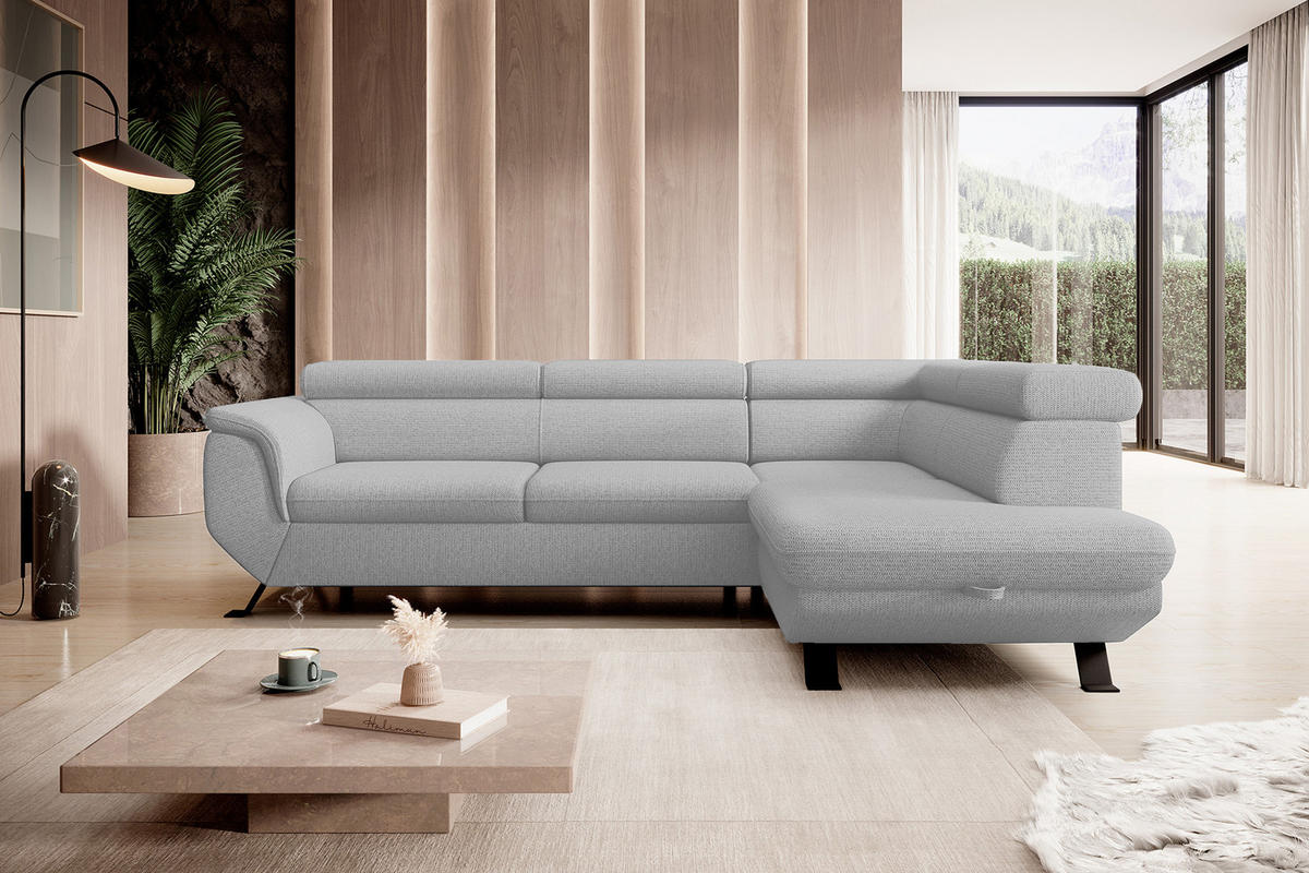 ECKSOFA Raven L mit Schlaffunktion und Bettkasten, Freistehend, Polstersofa mit Verstellbaren Kopfstützen, 257x198x96 cm – Rechte, Esche - Silberfarben, Holz/Textil (256/198cm) - DomoHome