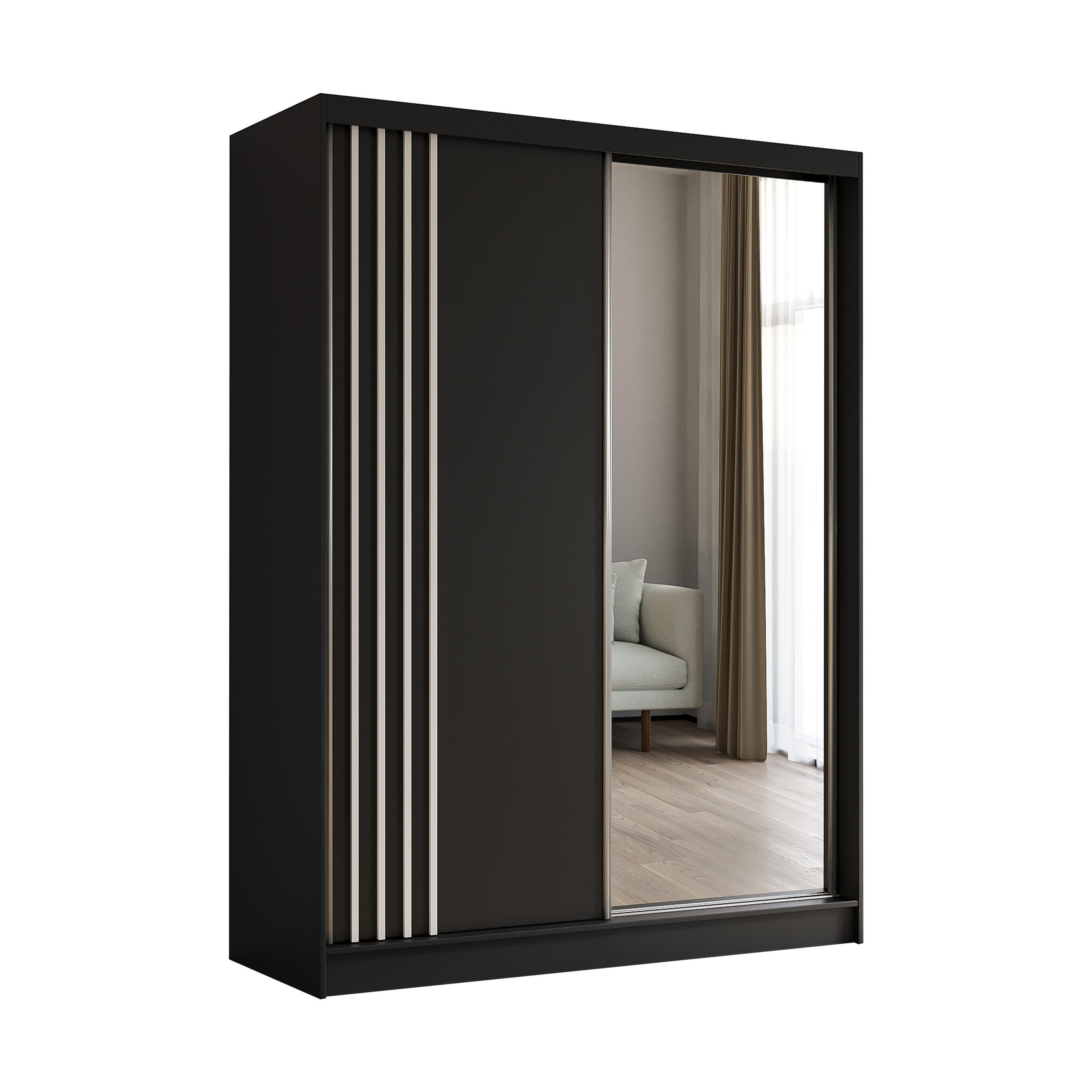 KLEIDERSCHRANK mit Spiegel-Schiebetüren und Aluminium-Leisten, LED-Beleuchtung - NALLA - 160 cm Schwarz+Schwarz+Weiß - Schwarz/Weiß, Holzwerkstoff (160/216/61cm) - ALTDECOR