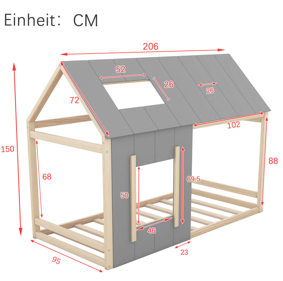 HAUSBETT 90/200 cm Hausform in Natur + Grau - Grau, Holz (90/200cm) - OKWISH