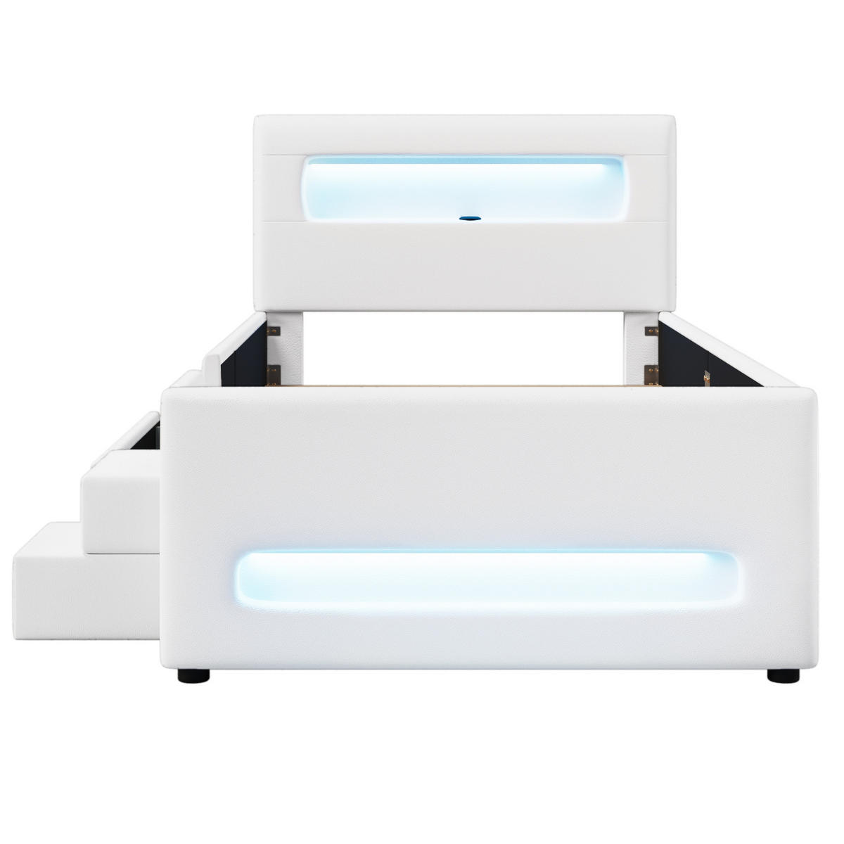 POLSTERBETT 90/200 cm mit LED-Beleuchtung, Treppe, Schublade und PU-Bezug, Weiß - Weiß, Holzwerkstoff (90/200cm) - Redom