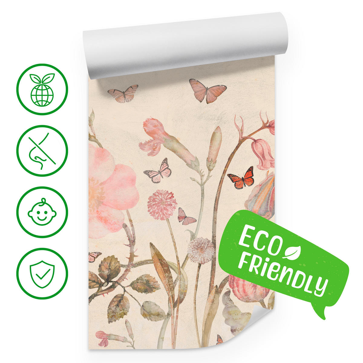 FOTOTAPETE für Kinderzimmer Wiesenblumen Aquarell Schmetterlinge Boho 500x350 - Beige/Rot, Papier (500/350cm) - Muralo