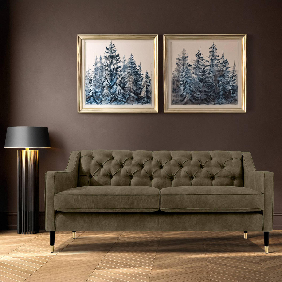 2-SITZER-SOFA NOMUS gesteppt, Olivgrün - Wengefarben/Olivgrün, Holzwerkstoff (170/78/80cm) - KONSIMO®