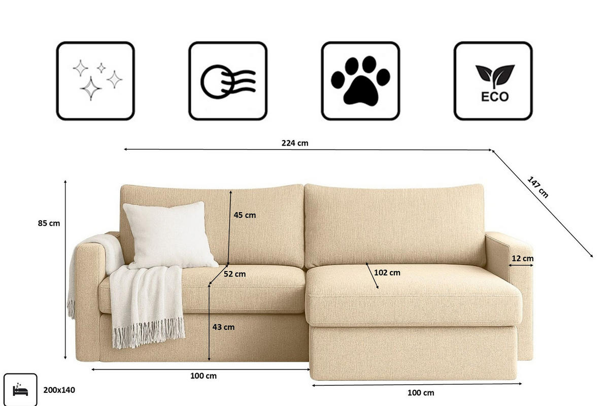 ECKSOFA Mit Schlaffunktion Und Bettzeugablage LUBEKA Stoff Faro Ecru Rechts - Ecru, Holz (224/147cm) - Kaiser Möbel